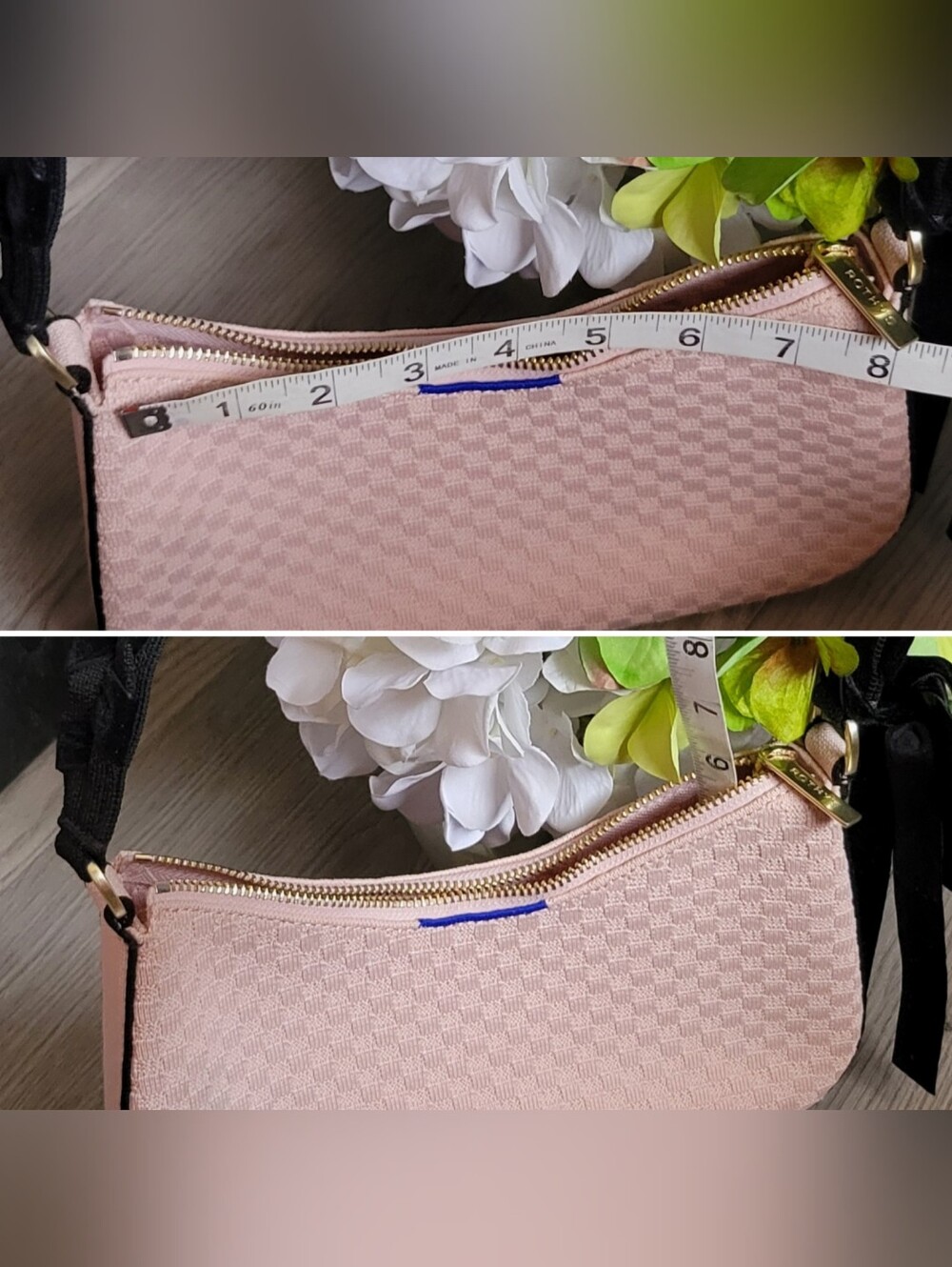 Rothy's The Mini Shoulder Bag in Ballerina Bow Pink & Black Velvet, 13.5" x 10" - Picture 12 of 16